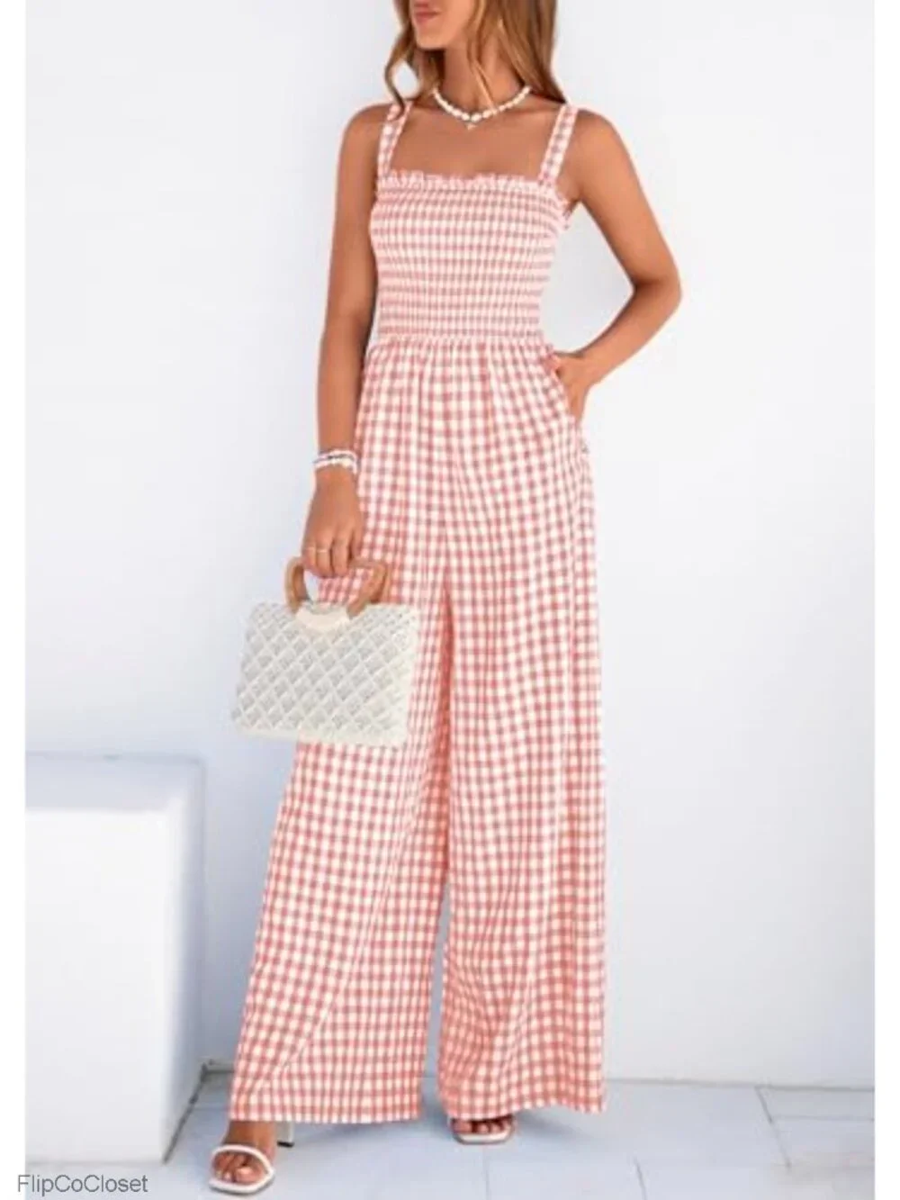 Womens Jumpsuit Summer Wide Leg Gingham Romper Square Neck Sleeveless Smocked